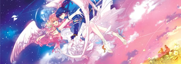 Anime picture 1667x600 with macross macross frontier sheryl nome saotome alto open mouth blue eyes blonde hair smile red eyes wide image blue hair sky cloud (clouds) ponytail hair flower night sky couple hug evening sunset