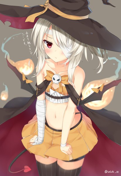 Anime picture 1400x2037 with azur lane ayanami (azur lane) ayanami (witch in ambush) (azur lane) fujieda uzuki single long hair tall image looking at viewer blush fringe simple background red eyes standing bare shoulders signed payot white hair tail pleated skirt inscription