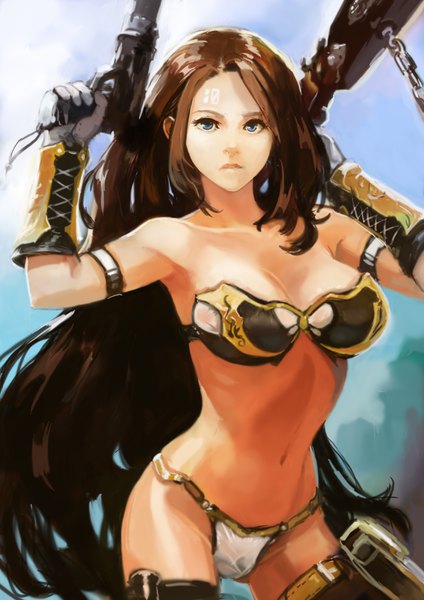 Anime picture 2480x3508 with original okuto single long hair tall image looking at viewer fringe highres breasts blue eyes light erotic brown hair large breasts standing bare shoulders holding payot bare belly floating hair lacing