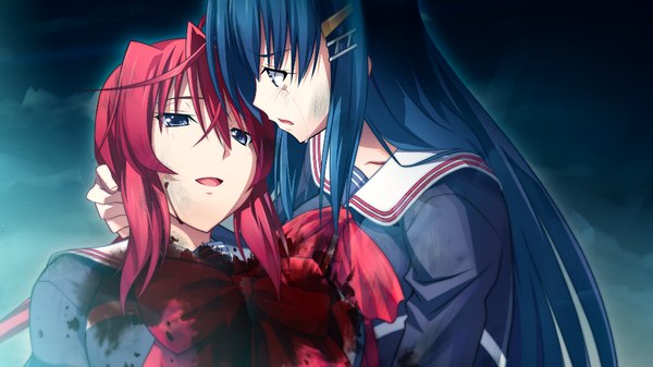 Anime picture 1024x576 with zero infinity long hair blue eyes wide image multiple girls blue hair game cg red hair tears girl uniform hair ornament 2 girls school uniform hairclip blood