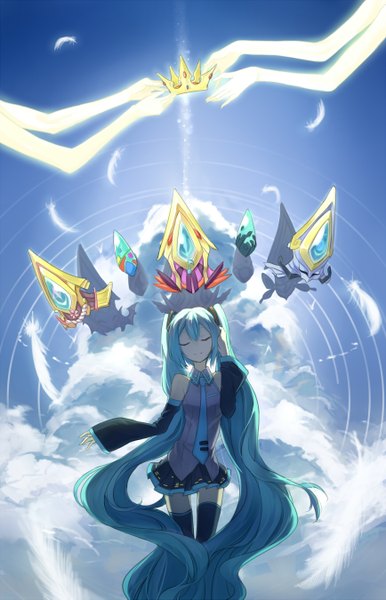 Anime picture 868x1349 with vocaloid hatsune miku silversirius single tall image twintails eyes closed very long hair aqua hair girl skirt detached sleeves miniskirt necktie thigh boots feather (feathers) vest crown