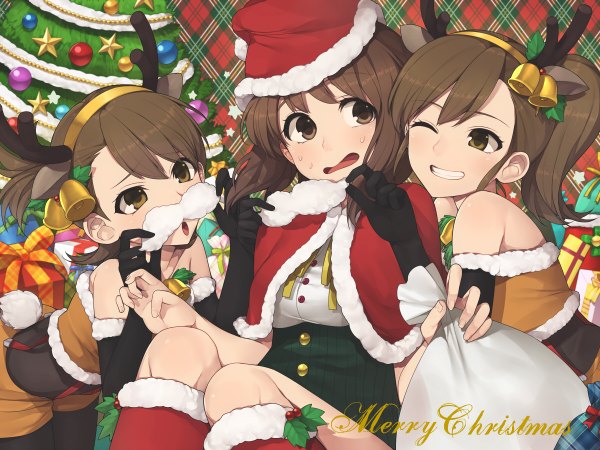 Anime picture 1200x900 with idolmaster hagiwara yukiho futami mami futami ami hitoto short hair open mouth smile brown hair multiple girls brown eyes one eye closed horn (horns) wink fur trim christmas merry christmas girl gloves hat