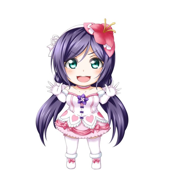 Anime picture 1321x1447 with love live! school idol project sunrise (studio) love live! toujou nozomi kuena single long hair tall image looking at viewer blush open mouth blue eyes simple background white background blue hair hair flower chibi girl dress gloves