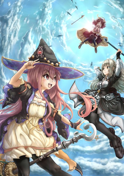Anime-Bild 827x1170 mit atelier (series) atelier sophie atelier escha & logy atelier ayesha gust (company) sophie neuenmuller wilbell voll=erslied linca (atelier) wakaura asaho long hair tall image looking at viewer short hair open mouth brown hair multiple girls yellow eyes pink hair sky cloud (clouds)