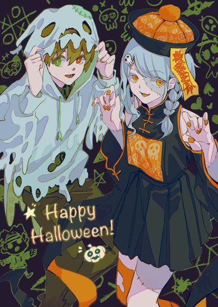 Anime picture 2200x3100 with original ice morinaka long hair tall image fringe highres short hair open mouth hair between eyes brown hair braid (braids) nail polish traditional clothes :d grey hair orange eyes heterochromia single braid chinese clothes halloween