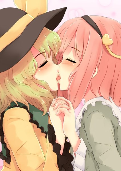 Anime picture 752x1062 with touhou komeiji koishi komeiji satori ocha (ochappie) tall image blush short hair open mouth light erotic multiple girls pink hair eyes closed long sleeves profile green hair holding hands close-up shoujo ai kiss sisters