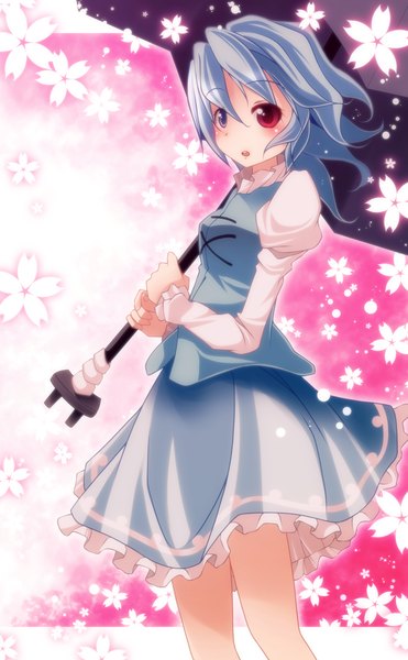 Anime-Bild 1000x1618 mit touhou tatara kogasa s-syogo single tall image short hair open mouth blue hair heterochromia girl dress flower (flowers) umbrella