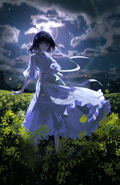 Anime picture 1000x1535 with idolmaster idolmaster shiny colors morino rinze niac single tall image looking at viewer short hair black hair red eyes sky cloud (clouds) outdoors wind night official alternate costume girl dress petals white dress
