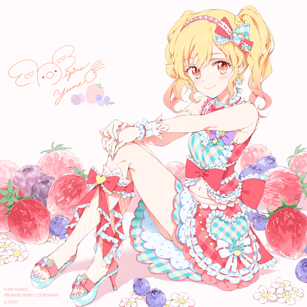 Anime picture 1624x1624 with aikatsu! aikatsu stars! nijino yume nghrstst single looking at viewer short hair blonde hair smile red eyes sitting twintails bare shoulders full body nail polish character names dated short twintails wavy hair girl