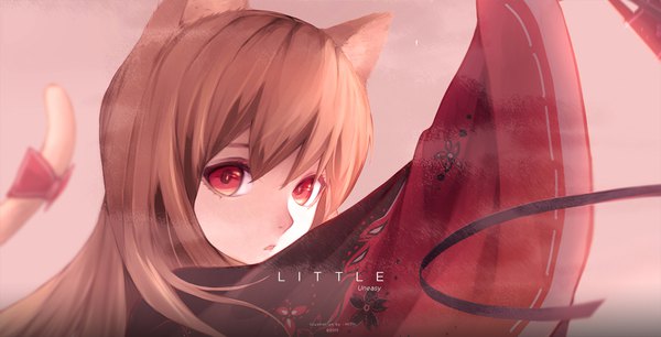 Anime picture 1763x900 with original dmith (baguscasbon) single long hair looking at viewer highres open mouth simple background red eyes brown hair wide image signed animal ears tail long sleeves traditional clothes japanese clothes animal tail looking back arm up