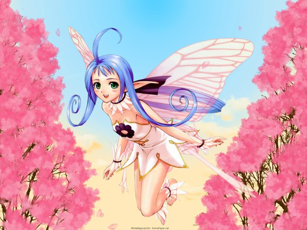 Anime picture 1600x1200 with shining (series) shining tears maple (shining tears) tony taka single long hair looking at viewer smile green eyes blue hair ahoge pointy ears flying third-party edit insect wings butterfly wings fairy girl dress wings