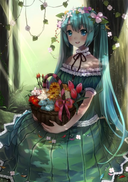 Anime picture 1000x1414 with vocaloid hatsune miku suzushiro sayu single tall image blush open mouth blue eyes twintails very long hair aqua hair girl flower (flowers) petals frills basket