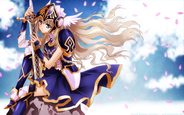 Anime picture 2560x1600 with original carnelian long hair highres blonde hair wide image purple eyes cloud (clouds) girl dress weapon petals sword armor