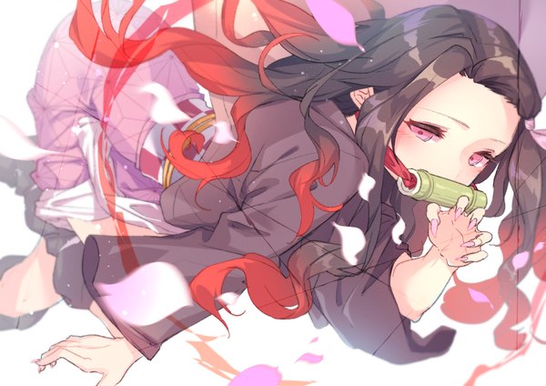 Anime picture 3508x2480 with kimetsu no yaiba ufotable kamado nezuko konakona0307 single long hair highres black hair simple background white background holding absurdres red hair traditional clothes japanese clothes pink eyes multicolored hair wide sleeves two-tone hair floating hair