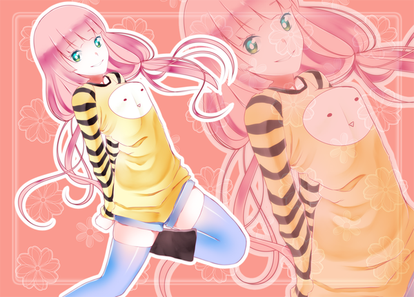 Anime picture 1280x920 with original kaito-tan single long hair short hair smile green eyes pink hair hands behind back striped zoom layer girl thighhighs shorts thigh boots sweater