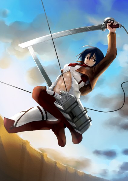 Anime picture 848x1200 with shingeki no kyojin production i.g mikasa ackerman terra single tall image fringe short hair breasts black hair holding looking away sky cloud (clouds) black eyes open clothes open shirt muscle dual wielding weightlessness