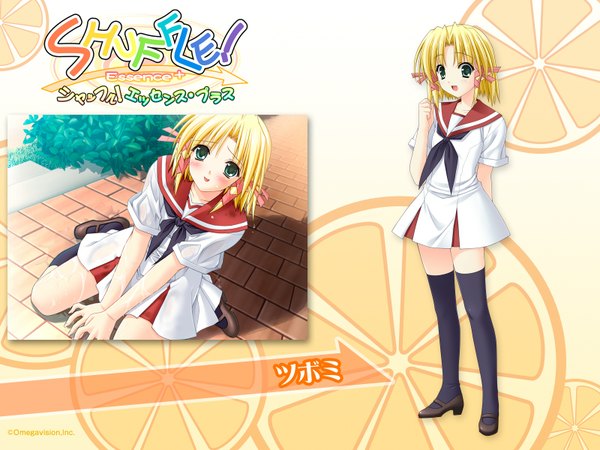 Anime picture 1600x1200 with shuffle! tsubomi suzuhira hiro single blush short hair open mouth blonde hair smile standing sitting green eyes pointy ears wet text girl thighhighs skirt uniform ribbon (ribbons)