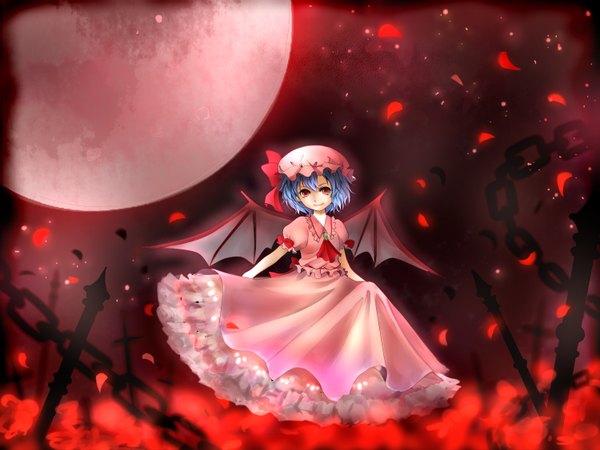 Anime picture 1500x1125 with touhou remilia scarlet mesoso (artist) single looking at viewer short hair smile red eyes blue hair red moon girl dress bow petals wings chain bonnet