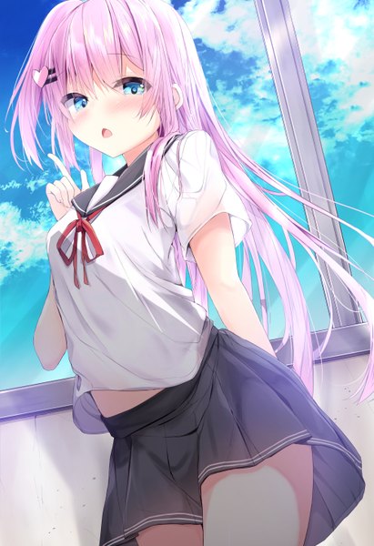 Anime picture 992x1448 with original kouda suzu single long hair tall image looking at viewer blush fringe open mouth blue eyes hair between eyes standing payot pink hair sky cloud (clouds) indoors pleated skirt arm up :o
