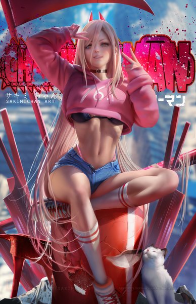 Anime picture 2266x3500 with chainsaw man mappa power (chainsaw man) meowy (chainsaw man) sakimichan single long hair tall image looking at viewer fringe highres breasts light erotic blonde hair hair between eyes large breasts sitting signed yellow eyes full body
