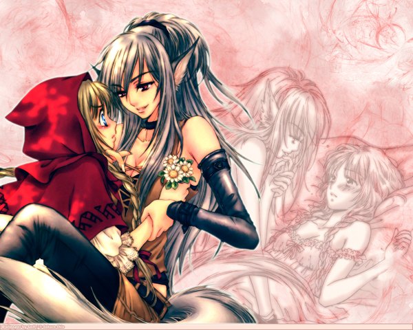 Anime picture 1280x1024 with little red riding hood little red riding hood (character) big bad wolf sakura shio long hair blush blue eyes light erotic blonde hair red eyes bare shoulders animal ears silver hair tail lying braid (braids) animal tail profile light smile holding hands