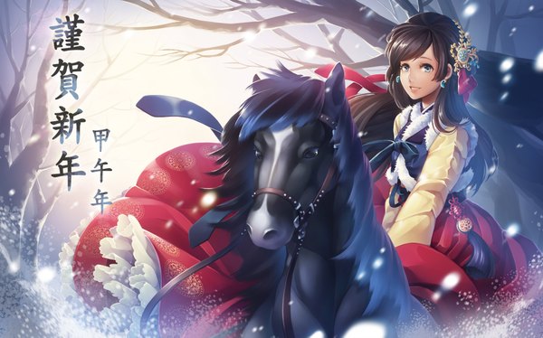Anime picture 1890x1181 with original silverbin long hair highres blue eyes black hair wide image snowing winter bare tree girl dress hair ornament plant (plants) animal tree (trees) horse