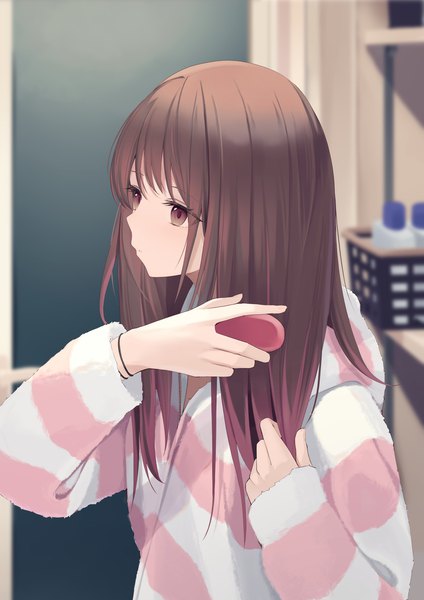 Anime picture 1305x1845 with original mizu (lzzrwi603) single long hair tall image brown hair brown eyes looking away indoors multicolored hair two-tone hair striped hair brushing girl pajamas comb