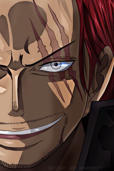 Anime picture 2369x3539 with one piece toei animation shanks amanomoon single tall image looking at viewer highres short hair open mouth smile signed red hair black eyes teeth coloring scar close-up shaded face face