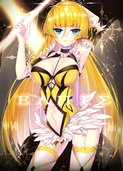 Anime picture 1800x2500 with beatmania beatmania iidx bemani elpis (beatmania iidx) motsuni (lxxe1120) single long hair tall image looking at viewer fringe highres breasts blue eyes light erotic blonde hair hair between eyes large breasts standing payot cleavage