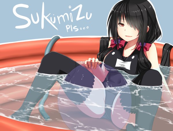 Anime picture 2100x1600 with date a live tokisaki kurumi hews single long hair fringe highres light erotic bare shoulders brown eyes light smile hair over one eye spread legs underwater girl thighhighs ribbon (ribbons) black thighhighs swimsuit hair ribbon