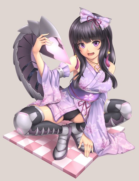Anime picture 904x1182 with original sasaame single long hair tall image looking at viewer blush open mouth light erotic black hair purple eyes tail traditional clothes japanese clothes grey background girl thighhighs bow black thighhighs hair bow