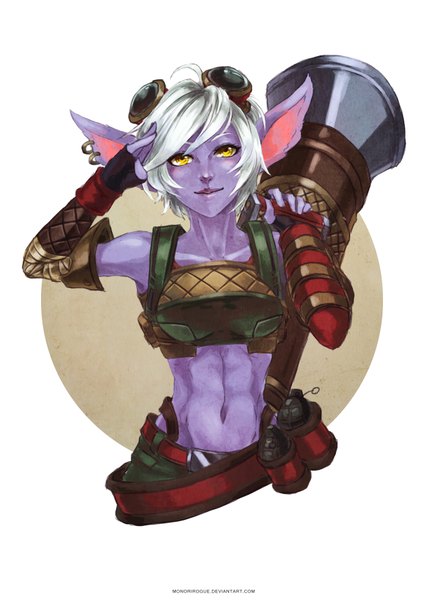 Anime picture 2480x3508 with league of legends tristana (league of legends) monori rogue single tall image looking at viewer highres short hair simple background white background animal ears yellow eyes silver hair bare belly salute purple skin girl gloves navel weapon