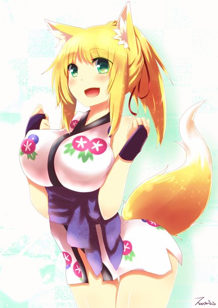 Anime picture 2149x3035 with dog days yukikaze panettone naomi (sekai no hate no kissaten) single tall image blush highres short hair open mouth light erotic blonde hair green eyes traditional clothes fox ears floral print fox tail fox girl girl flower (flowers) morning glory