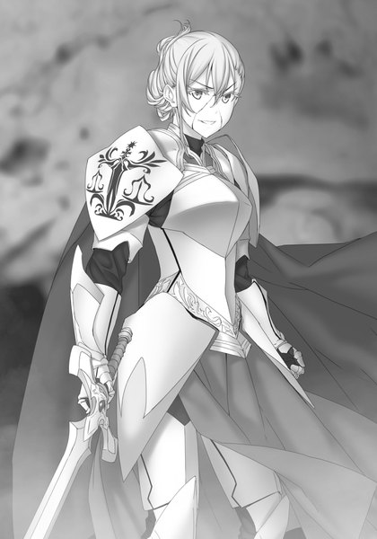Anime picture 1434x2048 with goblin slayer! female knight (goblin slayer) kannatsuki noboru single tall image looking at viewer fringe short hair blonde hair smile hair between eyes standing holding bent knee (knees) parted lips official art monochrome blood on face novel illustration girl