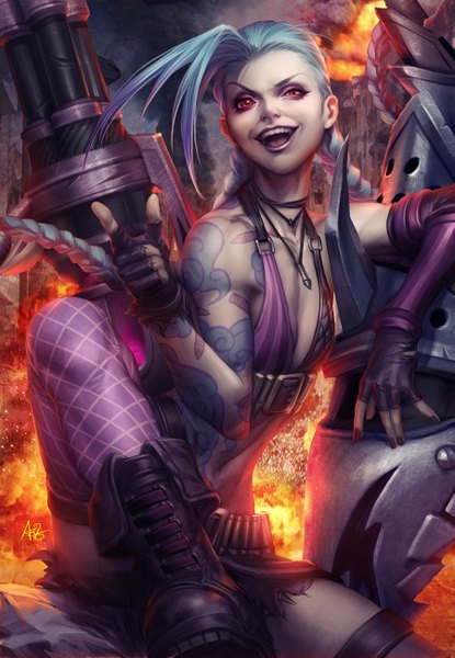 Anime picture 900x1300 with league of legends jinx (league of legends) artgerm (stanley lau) single long hair tall image looking at viewer fringe open mouth light erotic smile red eyes sitting signed braid (braids) nail polish realistic aqua hair arm support teeth