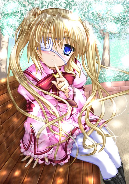 Anime picture 2039x2894 with rewrite nakatsu shizuru long hair tall image blush highres blue eyes blonde hair sitting twintails finger to mouth bandage over one eye girl uniform plant (plants) school uniform tree (trees) eyepatch bench