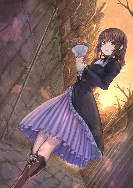 Anime picture 707x1000 with original koruse single tall image looking at viewer short hair open mouth red eyes brown hair girl dress flower (flowers) boots bouquet