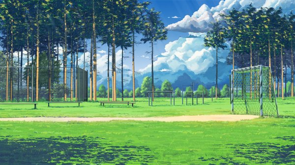 Anime picture 1920x1080 with everlasting summer iichan eroge arsenixc vvcephei highres wide image game cg cloud (clouds) wallpaper no people scenic collaboration camp plant (plants) tree (trees) bench