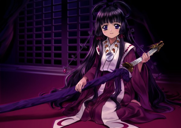 Anime picture 2256x1600 with tsubasa reservoir chronicle clamp daidouji tomoyo mutsuki (moonknives) long hair looking at viewer blush fringe highres sitting purple eyes purple hair traditional clothes japanese clothes light smile girl weapon sword katana