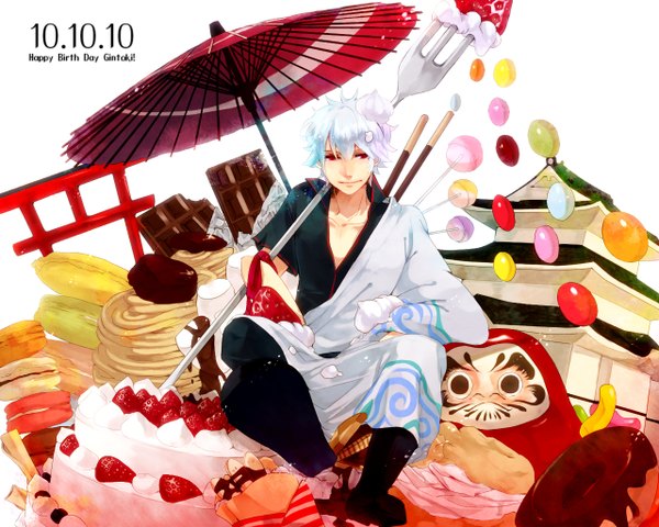 Anime picture 1280x1024 with gintama sunrise (studio) sakata gintoki kuranose (artist) short hair red eyes white hair weapon food sweets umbrella berry (berries) cake strawberry torii fork cookie (cookies) doughnut macaron daruma doll