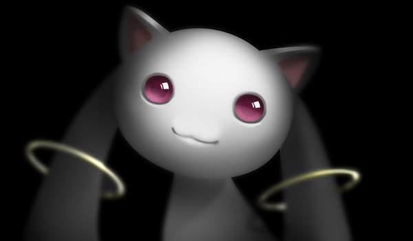 Anime-Bild 880x515 mit mahou shoujo madoka magica shaft (studio) kyuubee ecat single looking at viewer simple background wide image upper body pink eyes blurry black background portrait no people :3 cute ring creature