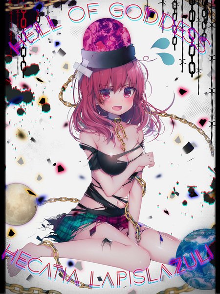Anime picture 1500x2000 with touhou hecatia lapislazuli koto seori single long hair tall image looking at viewer blush fringe breasts open mouth light erotic hair between eyes large breasts sitting red hair pink eyes barefoot character names torn clothes