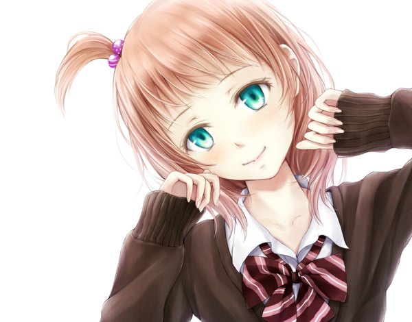 Anime picture 1000x784 with original nuwanko single looking at viewer short hair simple background smile brown hair white background head tilt aqua eyes one side up girl uniform school uniform sweater hair bobbles