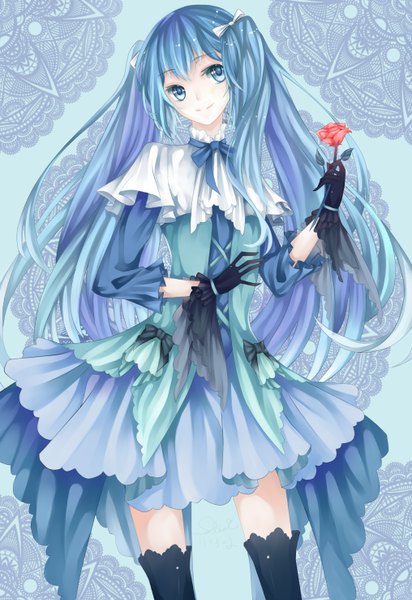 Anime picture 2031x2952 with vocaloid hatsune miku stari long hair tall image highres blue eyes twintails blue hair girl dress gloves flower (flowers) rose (roses) red rose
