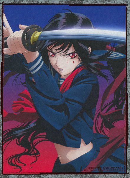 Anime picture 3327x4528 with blood+ blood c production i.g kisaragi saya kazuchika kise single long hair tall image looking at viewer highres black hair red eyes twintails payot absurdres very long hair official art low twintails border fighting stance