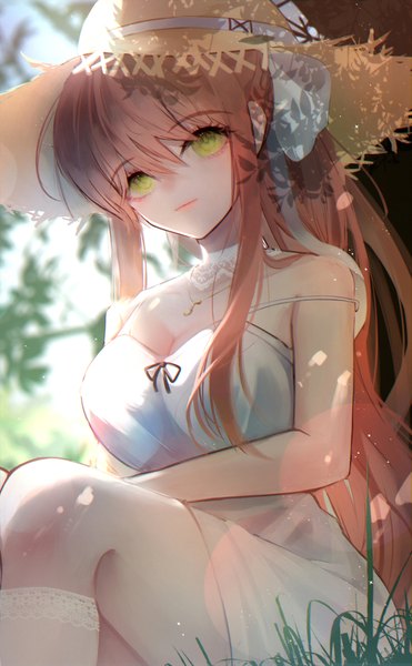 Anime picture 1748x2828 with doki doki literature club monika (doki doki literature club) wny (wnys art) single long hair tall image blush fringe highres breasts light erotic hair between eyes large breasts sitting bare shoulders green eyes payot cleavage outdoors ponytail