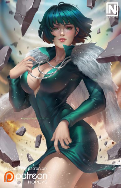 Anime picture 1920x2967 with one-punch man madhouse fubuki (one-punch man) nopeys single tall image looking at viewer blush fringe highres short hair breasts light erotic large breasts standing holding green eyes signed cleavage parted lips