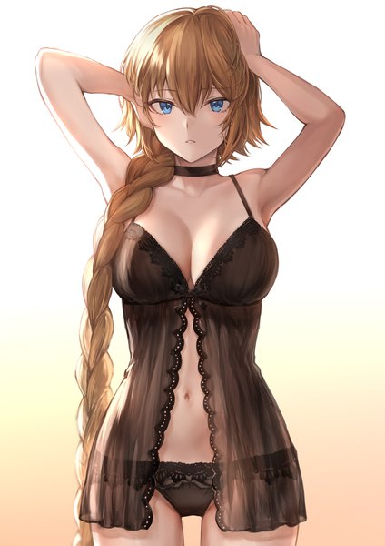 Anime picture 2894x4093 with fate (series) fate/grand order fate/apocrypha jeanne d'arc (fate) (all) jeanne d'arc (fate) mashuu (neko no oyashiro) single long hair tall image looking at viewer blush fringe highres breasts blue eyes light erotic blonde hair simple background hair between eyes large breasts