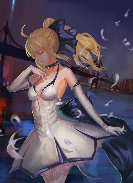 Anime picture 1749x2400 with fate (series) studio deen type-moon artoria pendragon (all) saber lily taiyir single long hair tall image highres blonde hair ahoge ponytail eyes closed girl dress gloves bow hair bow choker