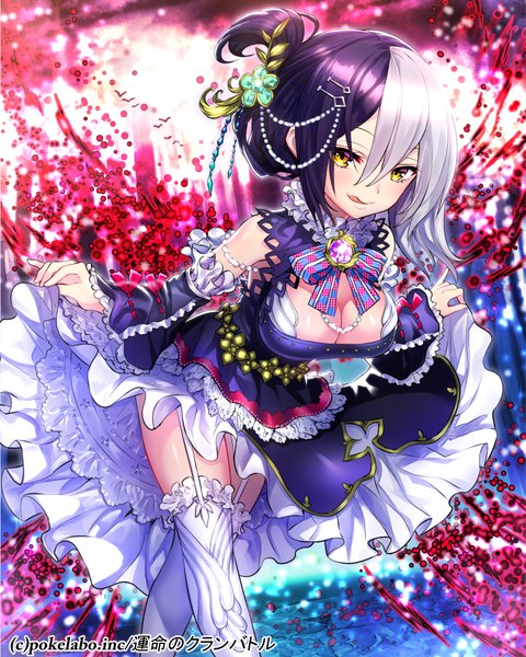 Anime picture 801x1000 with fuji minako single tall image looking at viewer short hair yellow eyes purple hair white hair multicolored hair two-tone hair girl thighhighs dress hair ornament detached sleeves white thighhighs frills